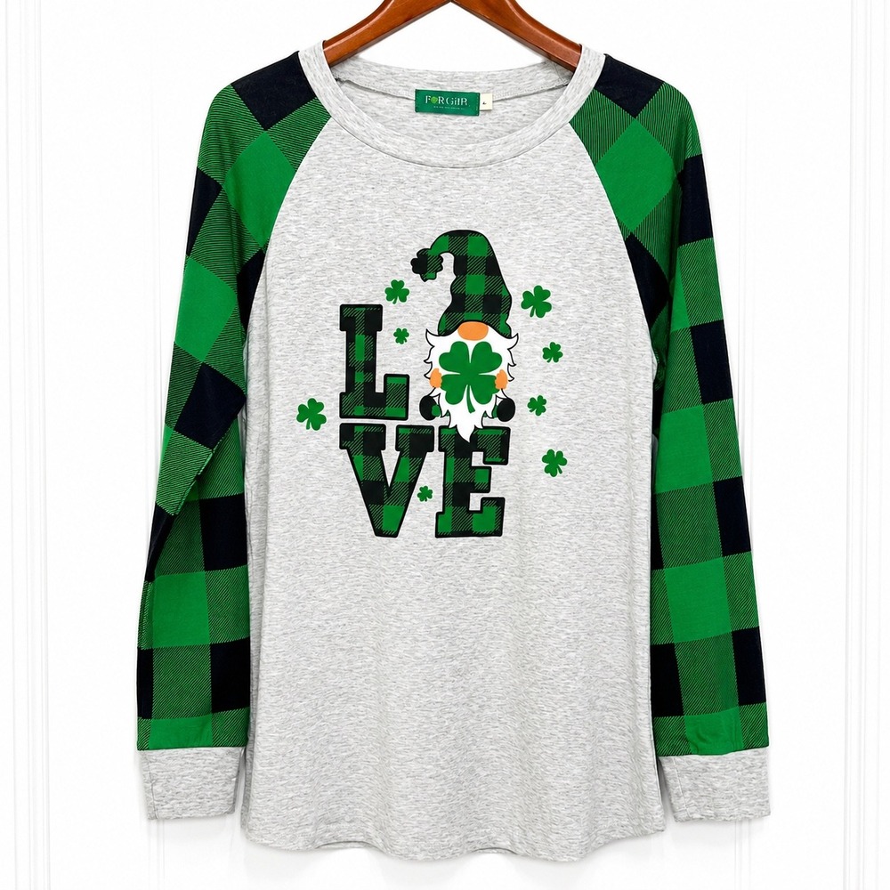 For G&PL St Patricks Day Gnome Love Raglan Shirt Grey Green Plaid Large